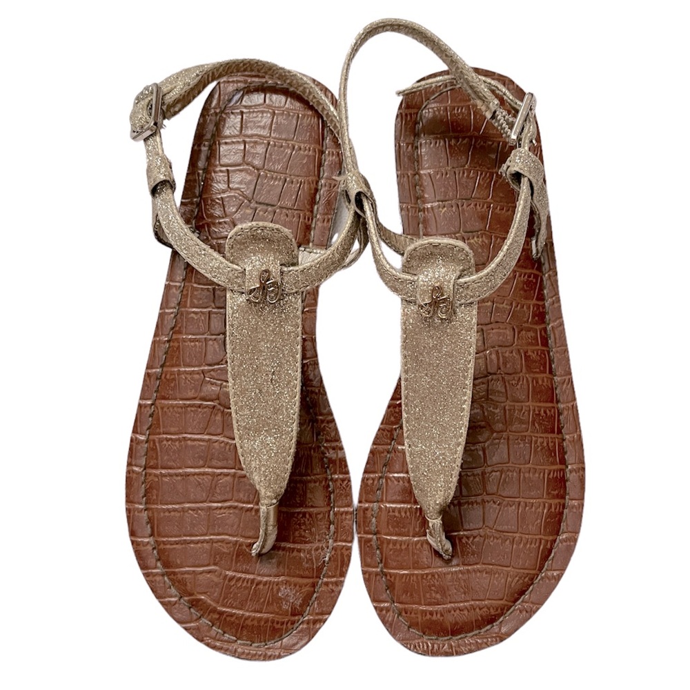 Sam Edelman Kids Gigi Charm T Strap sandal Sparkly Metallic Gold Sz 2